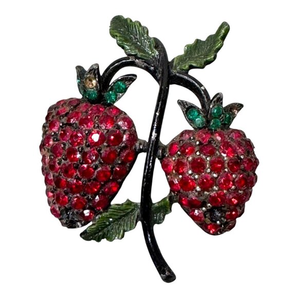 Vintage Signed Weiss Rhinestone Double Strawberry Fruit Cluster Crystals Brooch - Picture 1 of 9